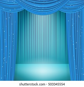 blue curtains with spotlight on the stage. opera, cinema presentation, theater or other entertainment theme vector design template