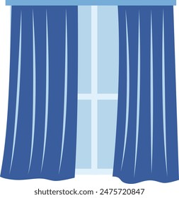 Blue curtains windowpane graphic design isolated white background. Home decor illustration simple blue curtains elegant interior design. Cartoon style window dressing living room bedroom vector