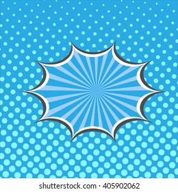 Blue curtoon speech bubble in pop art style on burst background. Vector ilustration