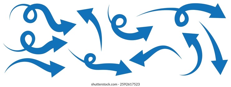 Blue curve arrow icon set. Hand drawn thin line long blue curve arrow icon on white background.  Curved arrow pointer. Flat style arrow icon for your website, design, logo, app, UI.