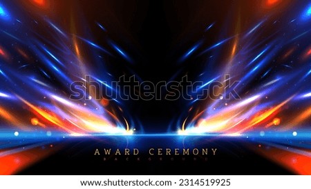 Blue curve  light overlap gold ray motion effects on black background with bokeh decorations.
