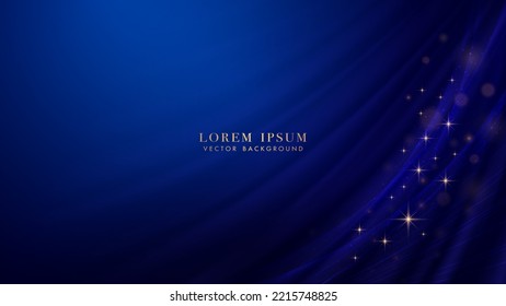 Blue curve with lines line element and bokeh, glitter light effect decoration on dark blue background. Vector illustration