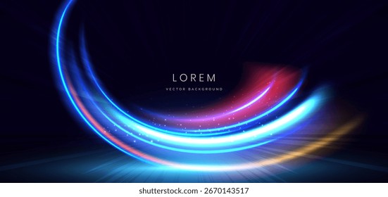 Raio de curva azul brilhando com efeito de iluminação e brilho em fundo azul escuro. Conceito de futurismo tecnológico. Ilustração vetorial