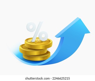 Blue curved arrow of money rising trend Interest percentage increase, deposit. Creative concept of stock market movement.