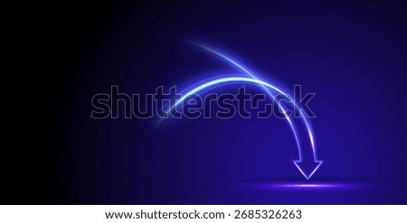 Blue curved arrow in motion on dark background. Glowing neon arrow with light trails. Personal growth. Quick result. Innovation technology and finance. 