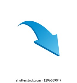 Blue curved DOWN arrow. 3d icon. Vector illustration isolated on white background