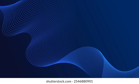 Linhas curvas azuis formam formas de ondas fluidas. As sombras de gradiente criam uma sensação de profundidade e movimento. Um fundo escuro enfatiza os detalhes vibrantes. O padrão é abstrato e visualmente impressionante.