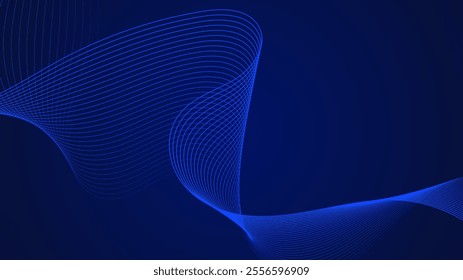 Blue curved lines form fluid wave shapes. Gradient shades create a sense of depth and motion. A dark background emphasizes the vibrant details. The pattern is abstract and visually striking.