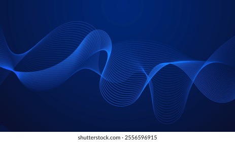 Blue curved lines form fluid wave shapes. Gradient shades create a sense of depth and motion. A dark background emphasizes the vibrant details. The pattern is abstract and visually striking.