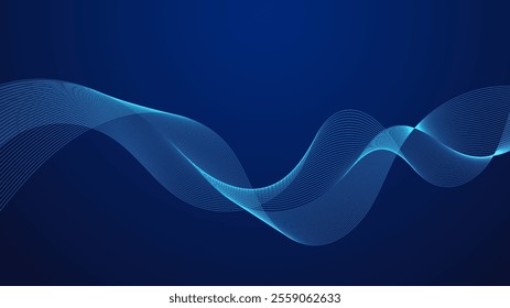 Blue curved lines form fluid wave shapes. Gradient shades create a sense of depth and motion. A dark background emphasizes the vibrant details. The pattern is abstract and visually striking.
