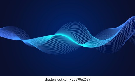 Blue curved lines form fluid wave shapes. Gradient shades create a sense of depth and motion. A dark background emphasizes the vibrant details. The pattern is abstract and visually striking.