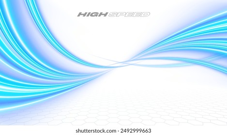 Blue curved lines. High speed light. Futuristic wavy lines. Science technology and innovation vector background.