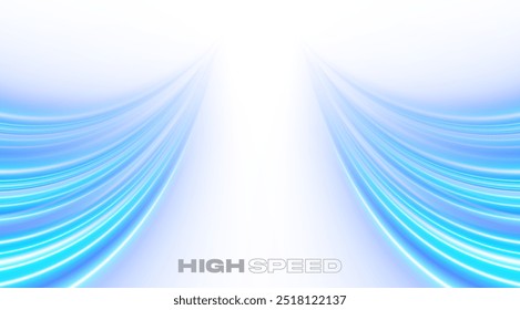 Blue curved lines. High speed light. Futuristic wavy lines. Science technology and innovation vector background.