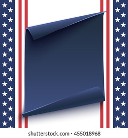 Blue, curved paper banner on top of American style background. Poster, brochure or flyer template. Vector illustration.