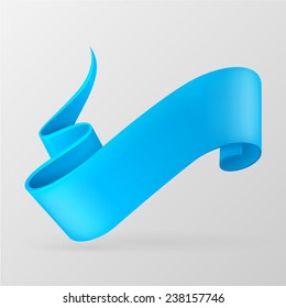 Blue curved paper ribbon banner. Design element. Isolated on a gray background. With space for text. Abstract vector illustration.