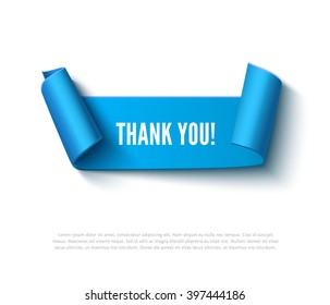 Blue curved paper ribbon banner with paper rolls and inscription THANK YOU isolated on white background. Realistic vector paper template for online shop and greeting card