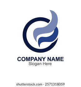 Blue curved shapes inside dark blue circle for company branding. Ideal for logos, corporate designs, branding materials, business cards.