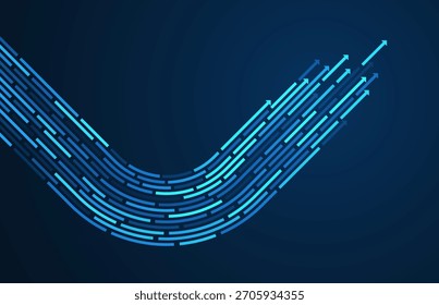 Blaue, gekrümmte Geschwindigkeitslinien mit Farbverlauf-Tönen, die in Aufwärtspfeile aufsteigen und Technologie, schnelle Bewegung, Fortschritt, Richtung und zukünftiges Wachstum im modernen Design symbolisieren