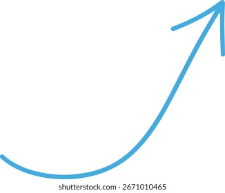 seta curva azul para cima, símbolo da linha da trajetória de crescimento suave apontando para cima à direita, isolado no branco