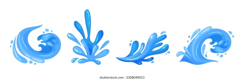 Blue Curved Water Splashes with Drops Vector Set