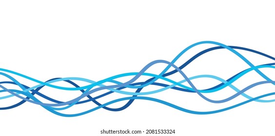 Blue Curved Wave Stripes. Line Pattern, Waving Banner. Vector Stripe Wave Background, Cartoon Curve Motion. Electric Wires Lines. Curved Wave Streak. Drawing Wavy Line