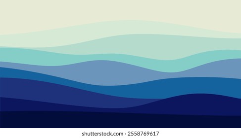 Blue curves and ocean waves range from soft to dark vector background flat design styles.