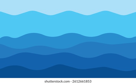 Blue curves and the waves of the sea range from soft to dark vector background flat design style.