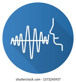 Blue curvy soundwave flat design long shadow glyph icon. Voice frequency idea. Human speech wavy amplitude. Sound producing scheme. Voice command, conversation. Vector silhouette illustration