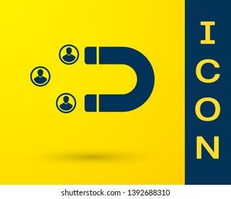 Blue Customer attracting icon isolated on yellow background. Customer retention, support and service. Customer people attracting with magnet. Vector Illustration