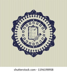 Blue customer feedback icon inside distressed rubber stamp