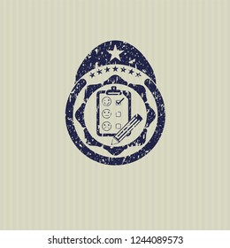 Blue customer feedback icon inside distressed rubber grunge seal