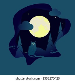 Blue cut papper illustration with yellow Moon on the sky, clouds, spruce trees and owl on branch. Vector illustration/