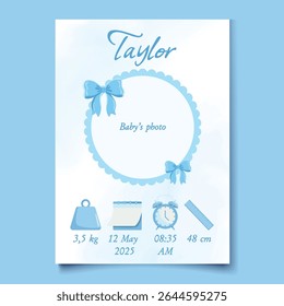Blue cute baby birth details poster with bows, baby announcement card with "It's a boy" text, perfect for nursery decor and newborn celebration designs