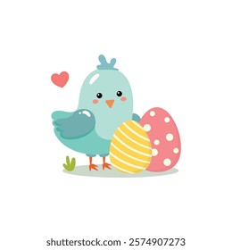 Blue cute baby chicken with easter eggs. Happy Easter concept. Cute cartoon vector illustration