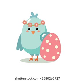 Blue cute baby chicken wearing flower crown. Happy Easter concept. Cute cartoon vector illustration