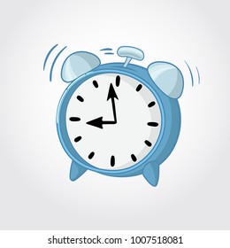 Blue cute cartoon alarm clock ringing. Wake-up time morning concept. Flat style vector illustration.