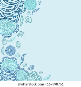 Blue cute cartoon doodle frame. Doodle background. Vector hand drawn layout template.