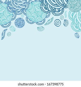 Blue cute cartoon doodle frame. Doodle background. Vector hand drawn layout template.