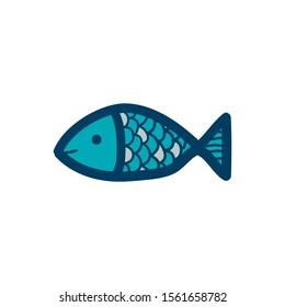 blue cute cartoon doodle small fish on a white background