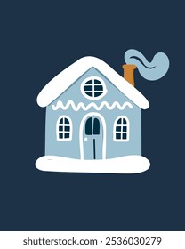 Blue cute cartoon house covered in snow with a smoking chimney, vector illustration in children's style for winter holiday projects