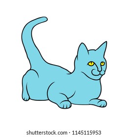 Blue cute cat, vector illustration on white background