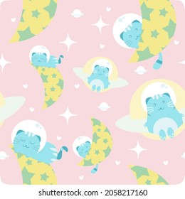 Blue cute childish funny astronaut cat seamless pattern on pink cosmic space background comprises mystic moon, kitty fly, star, galaxy. Design for baby, print decoration.Planet art vector illustration