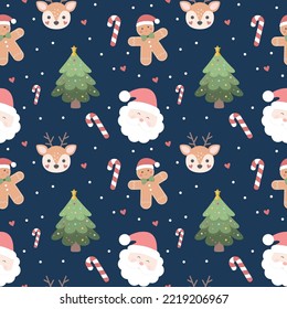 Blue Cute Christmas seamless pattern. Vector illustration. Surface pattern design. Santa Claus, Christmas Tree, Gingerbread Man, Candy Cane, Snow, Reindeer.Christmas Time Illustration.