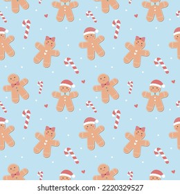 Blue Cute Christmas seamless pattern. Vector illustration. Surface pattern design. , Gingerbread Man, Gingerbread Woman and Candy Cane.Christmas Time Illustration. Vector Cartoon.