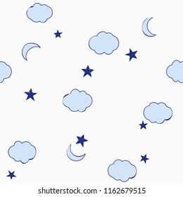 blue cute clouds, stars and moon seamless pattern, baby style for background, wallpaper, texture, textile, fabric, paper, cover, banner, label etc. vector design