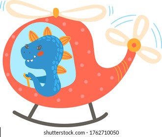 Blue cute dinosaur in cartoon style, flying no air transport, red children s helicopter, design, flat style vector illustration. Prehistoric animal, colorful print on baby clothes, isolated on white.