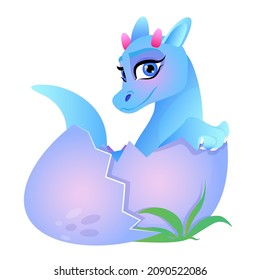 Blue cute dinosaur in a purple split in two halves egg on a white background