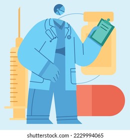Azul lindo doctor personaje de diseño plano Profesión Ilustración vectorial