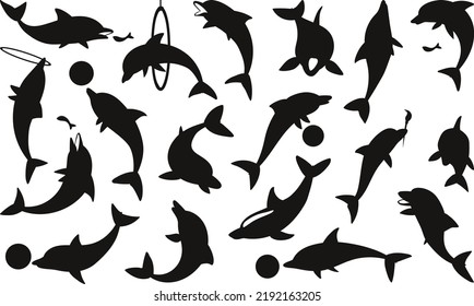 Blue Cute Dolphin Isolated Vector Silhouettes