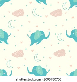 blue cute elephant seamless pattern with clouds, stars and moon in soft pastel color. Good for printing on demand, fabric printing, textile printing, invitation card, greeting card